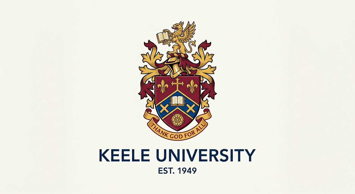 Keele University official logo featuring the university crest with shield and motto on a clean background