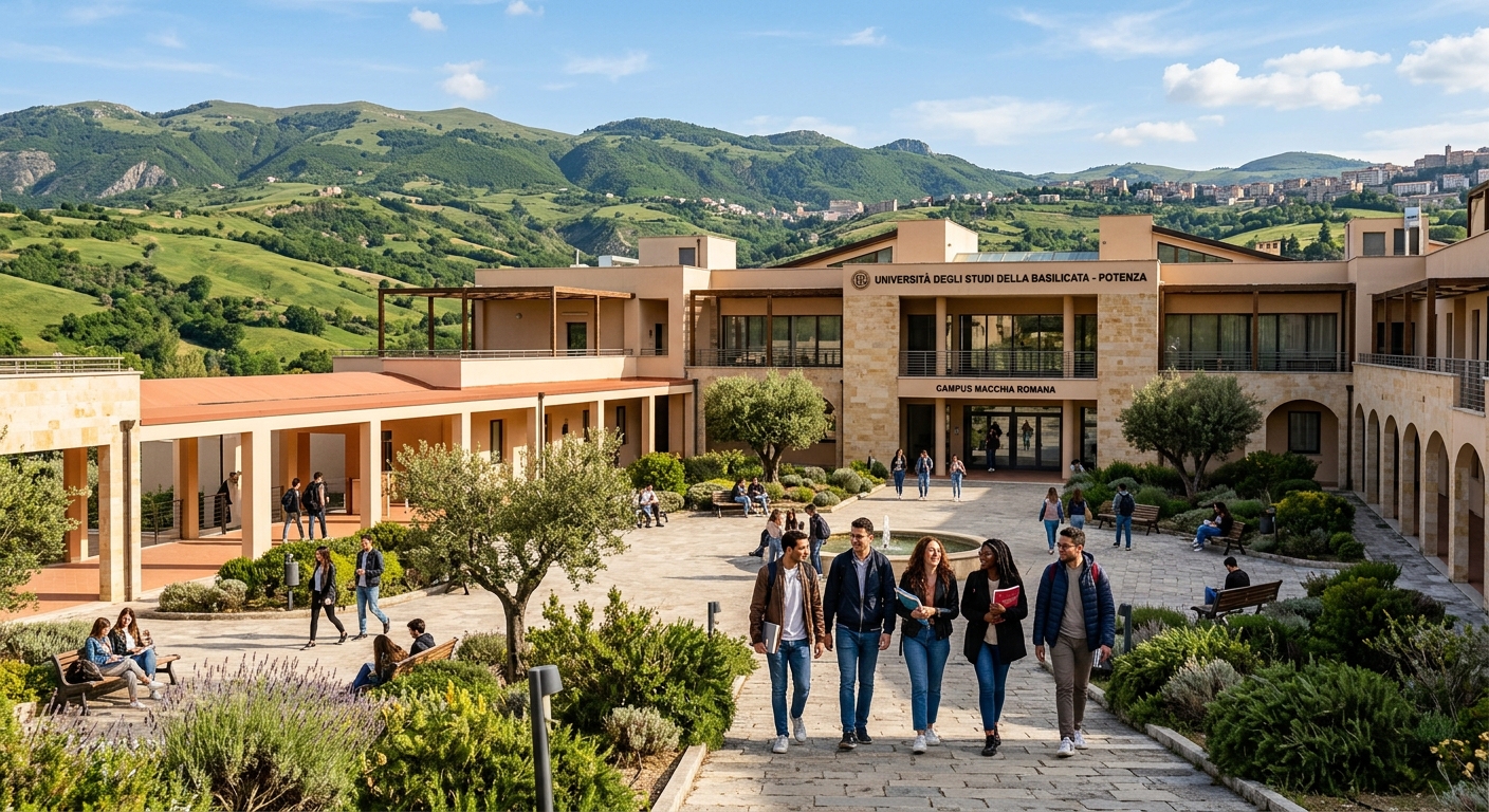 University of Basilicata campus in Potenza Italy, modern academic building with Mediterranean architecture, students walking through a sunny courtyard surrounded by green hills of the Basilicata region