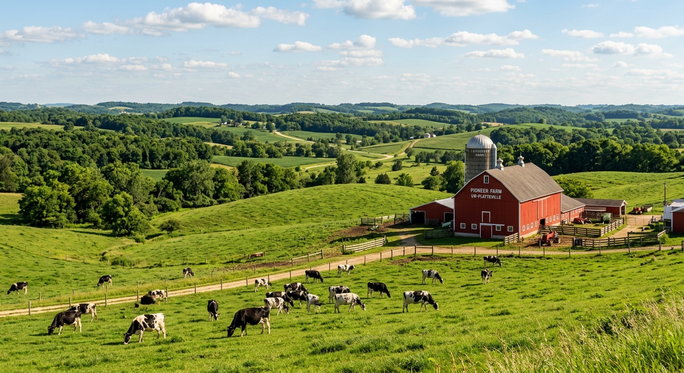 UW-Platteville Pioneer Farm with rolling green fields, red barn buildings, dairy cows grazing, Wisconsin countryside in background
