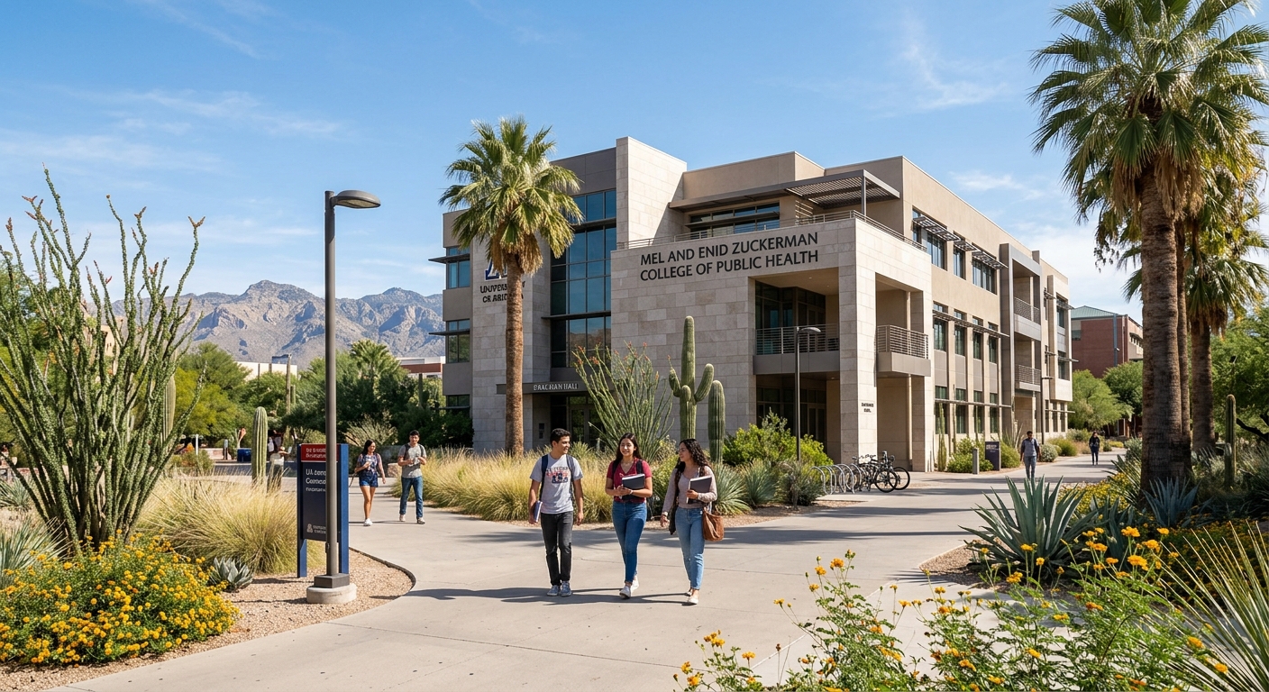 University of Arizona Mel and Enid Zuckerman College of Public Health building in Tucson with desert landscape, palm trees, and students walking on campus pathways under a clear blue sky