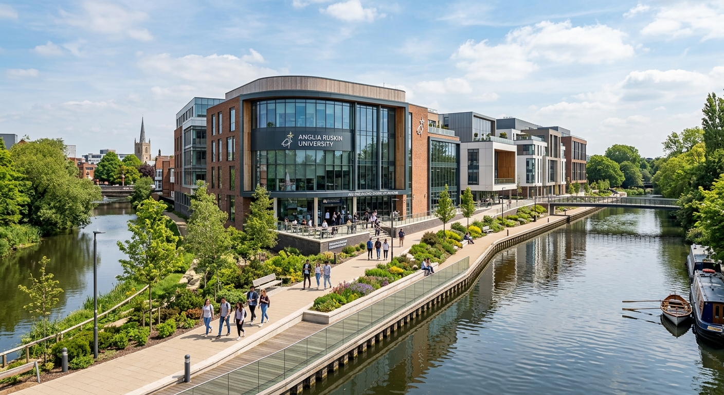 ARU Chelmsford campus riverfront modern buildings along the River Chelmer, contemporary architecture, landscaped walkways, medical school building