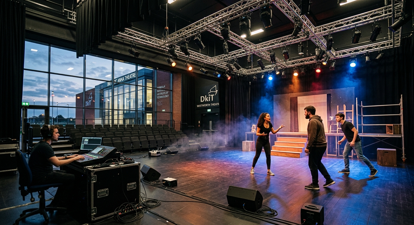 Dundalk Institute of Technology campus theatre stage with dramatic lighting, students rehearsing a performance, professional sound and lighting equipment visible, modern creative arts building in background, Dundalk Ireland