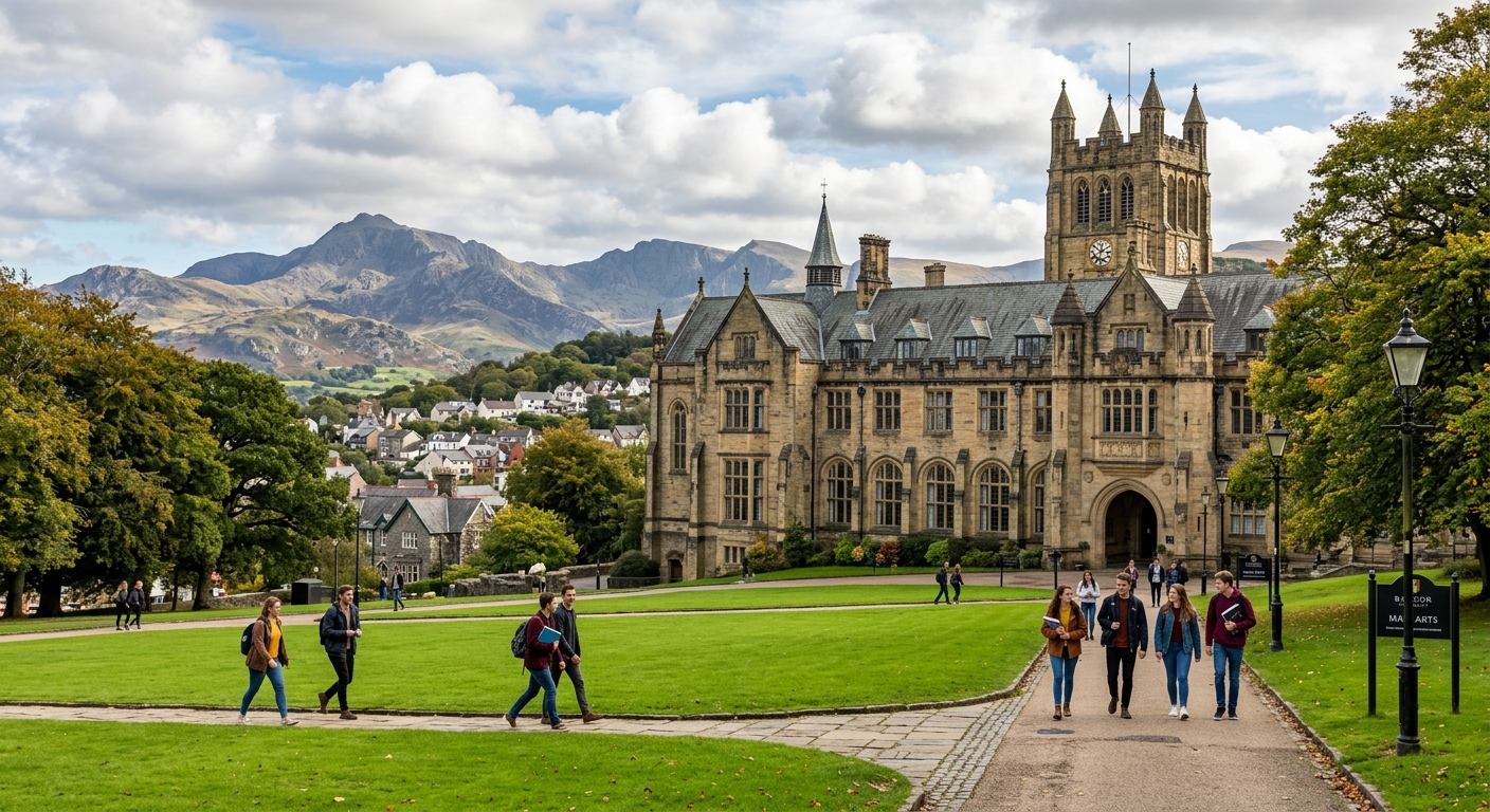 Bangor University historic stone campus buildings with Snowdonia mountains in the background, green lawns, students walking between lecture halls under a partly cloudy sky in North Wales