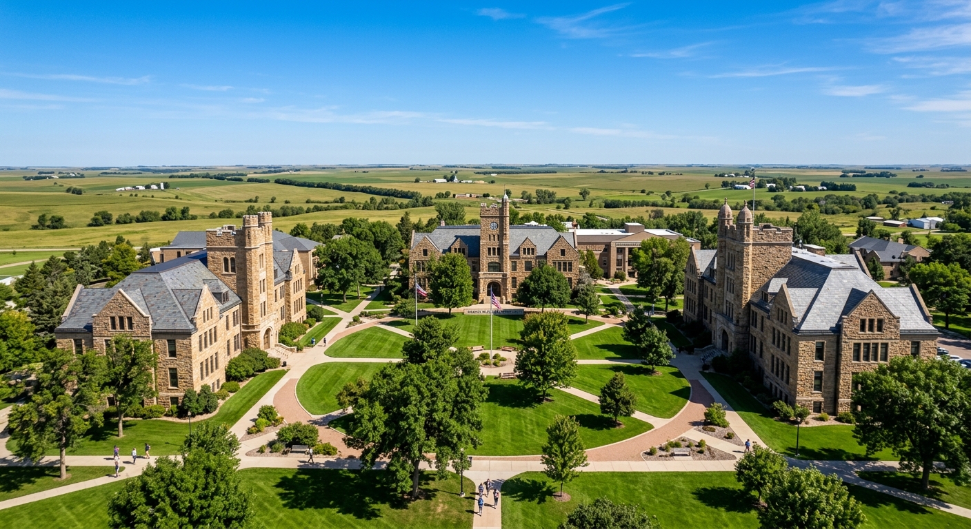 Dakota Wesleyan University campus wide shot showing historic stone buildings arranged around a U-shaped quadrangle, green lawns, mature trees, and the South Dakota prairie landscape in the background under a clear blue sky
