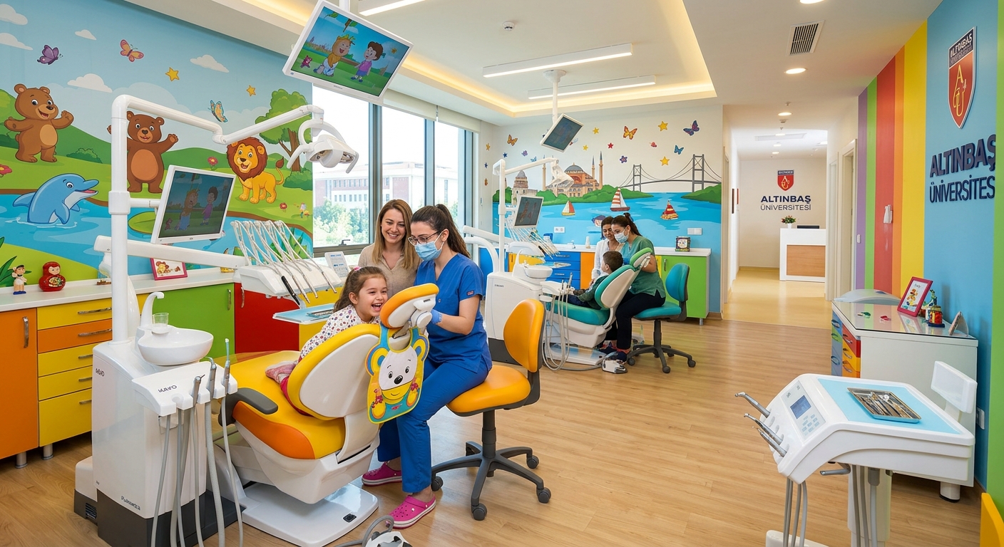 Modern dental clinic at Altinbas University Istanbul campus, pediatric dental treatment chairs with colorful child-friendly decor, advanced dental equipment, bright clinical lighting, professional setting
