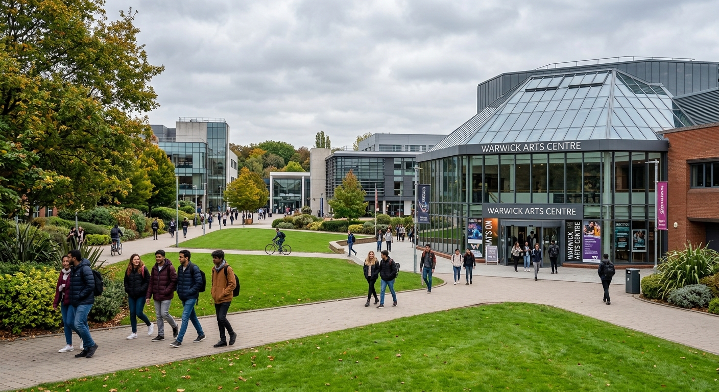 University of Warwick modern campus with contemporary arts building, green landscaped grounds, students walking between buildings, overcast English sky, Coventry United Kingdom