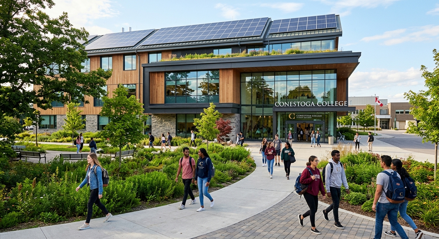 Modern Conestoga College campus building in Kitchener, Ontario with green landscaping, students walking along pathways, sustainable architecture with solar panels and large glass windows, Canadian college setting