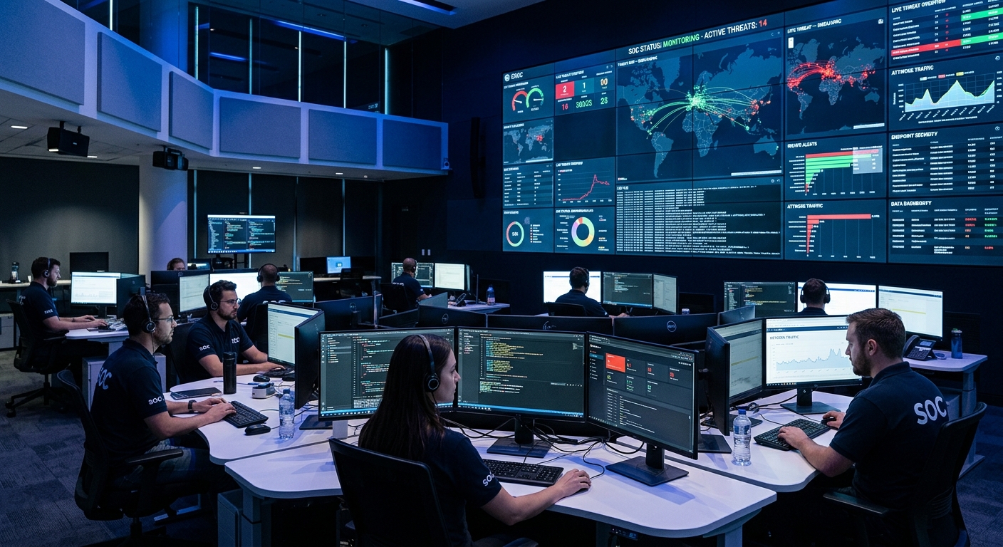 Modern cyber security operations center with multiple monitors displaying network data, code, and threat dashboards, blue-toned lighting, professionals working at computer stations in a high-tech environment