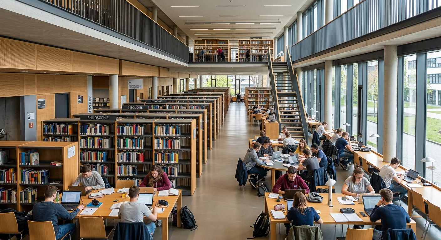 Paderborn University library interior, modern open-plan study spaces, rows of bookshelves, students studying at desks, natural light from large windows