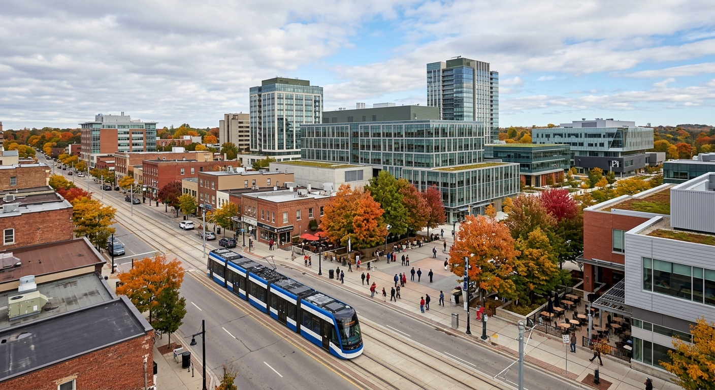 City of Waterloo Ontario skyline, modern tech buildings mixed with tree-lined streets, Uptown Waterloo public square, light rail transit, autumn colours, Canadian small city charm