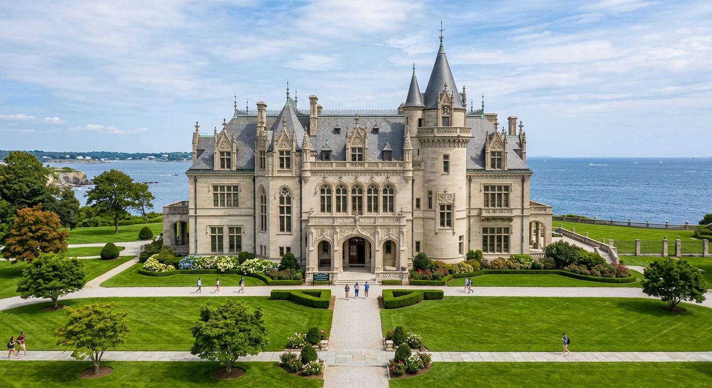 Ochre Court mansion at Salve Regina University, a grand French Gothic Revival limestone building with turrets and ornate details, serving as the main administration building, surrounded by manicured lawns