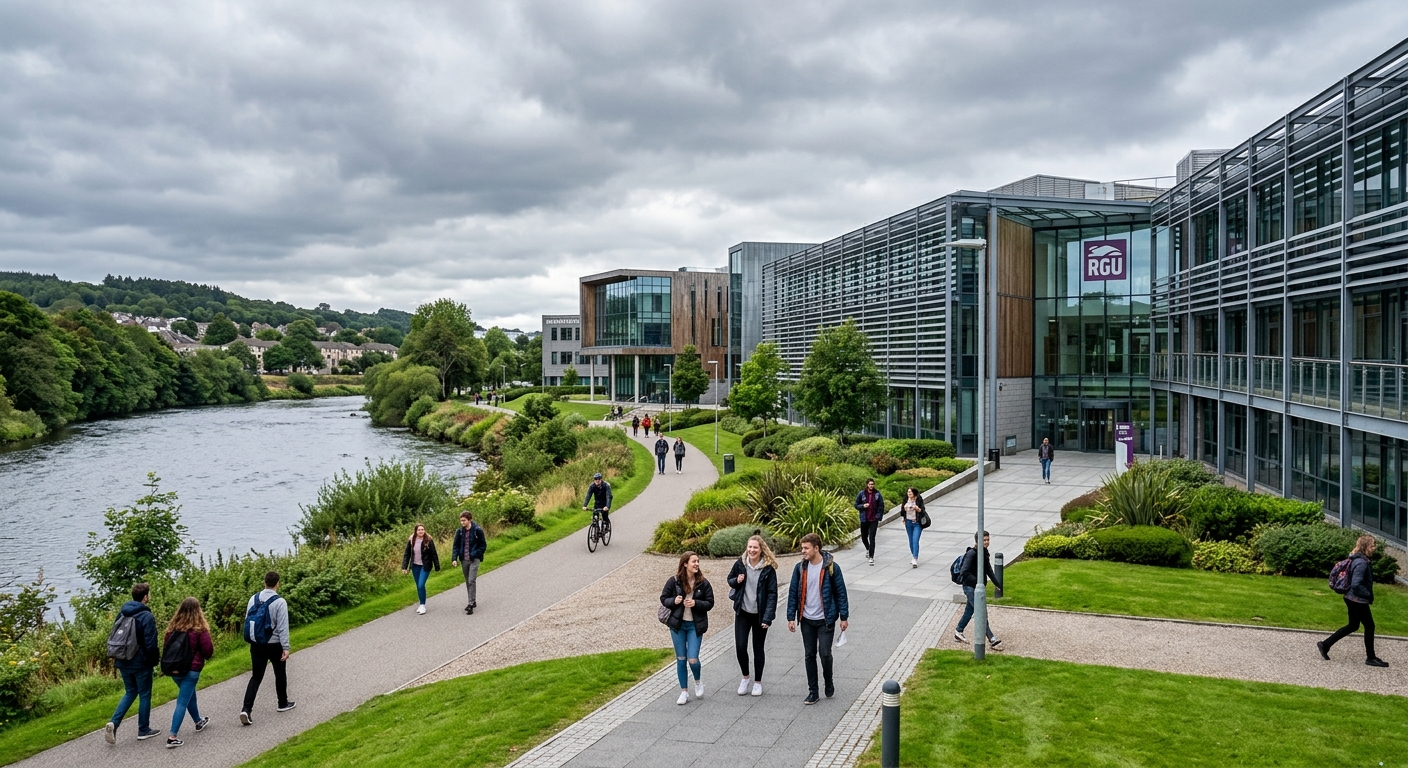 Modern Robert Gordon University Garthdee campus in Aberdeen Scotland, contemporary glass and steel buildings along the River Dee, students walking on pathways, green landscaped grounds, overcast Scottish sky