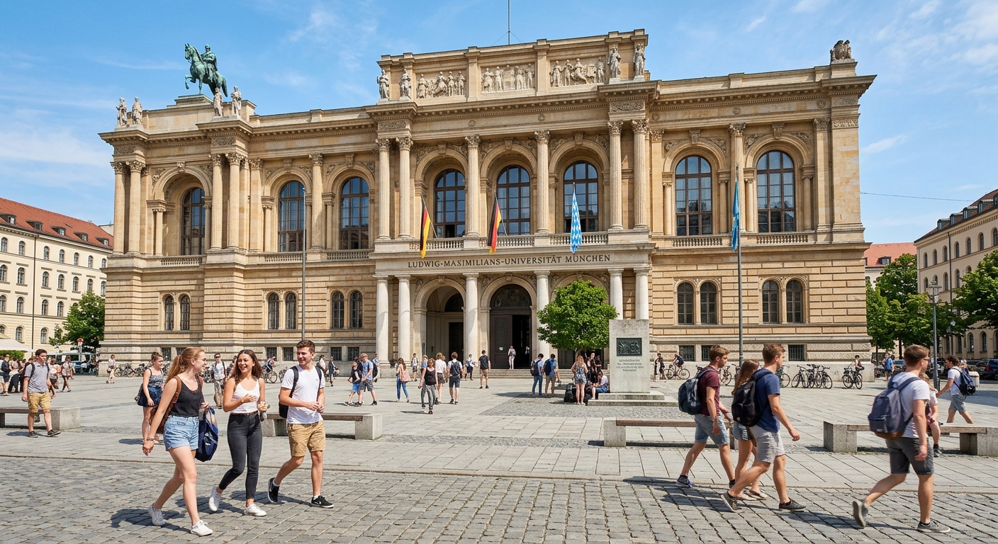 Historic LMU Munich main building facade on Geschwister-Scholl-Platz with students walking in front, classical architecture with columns, bright sunny day in Munich city center