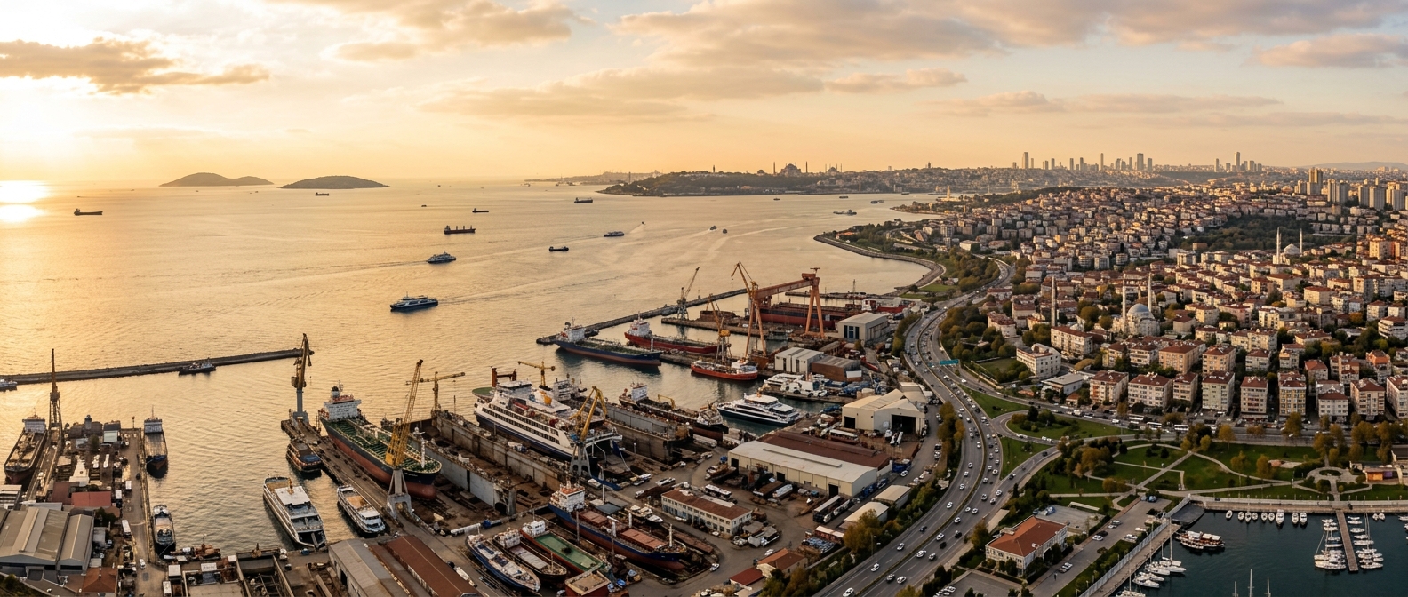 Panoramic view of Tuzla district Istanbul with shipyards along the Marmara Sea coast, residential neighborhoods, and the Istanbul skyline in the distance, warm afternoon light