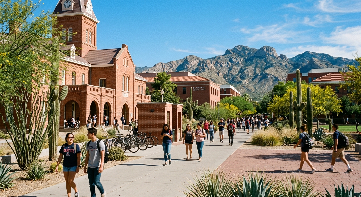 University of Arizona campus in Tucson with red brick buildings, desert landscape, and students walking under clear blue sky with Catalina Mountains in the background