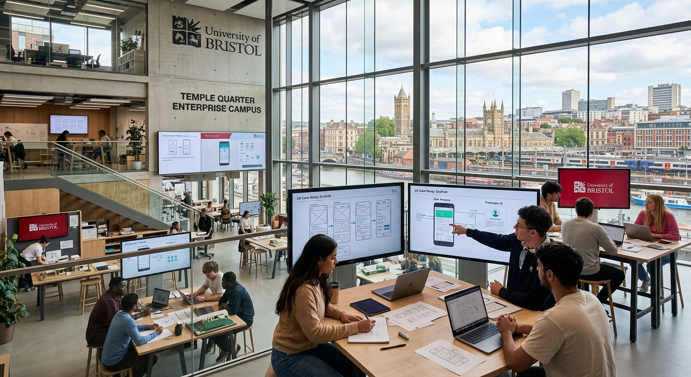 Modern University of Bristol Temple Quarter Enterprise Campus building with glass facades, students collaborating in open design studios, digital screens displaying UX wireframes and prototypes, vibrant Bristol cityscape in background