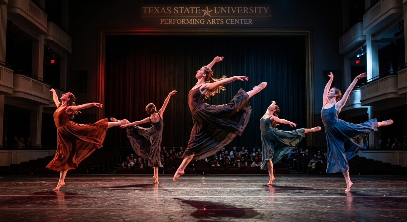 Dancers performing on stage at Texas State University, dynamic modern dance movement with dramatic stage lighting, performers in flowing costumes against a dark backdrop, San Marcos Texas campus performing arts center