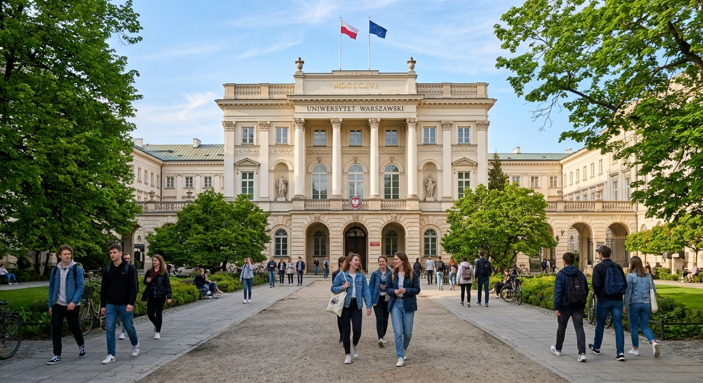 Historic University of Warsaw main campus building on Krakowskie Przedmiescie street, classical architecture with columns, students walking through the courtyard, green trees, sunny day in Warsaw Poland