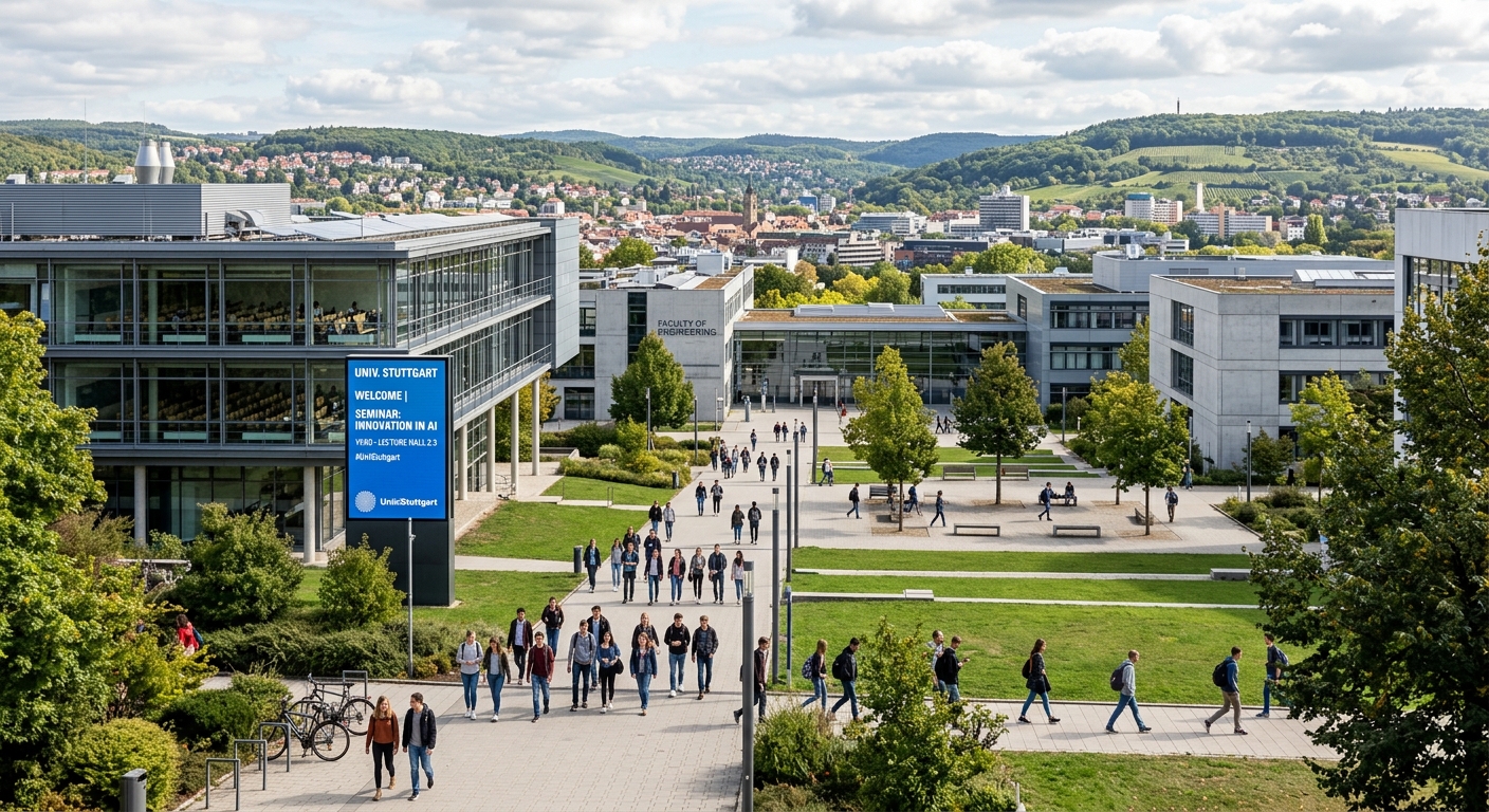 Modern university campus at University of Stuttgart with contemporary architecture, students walking between buildings, green spaces and digital displays, Stuttgart cityscape in background with rolling hills
