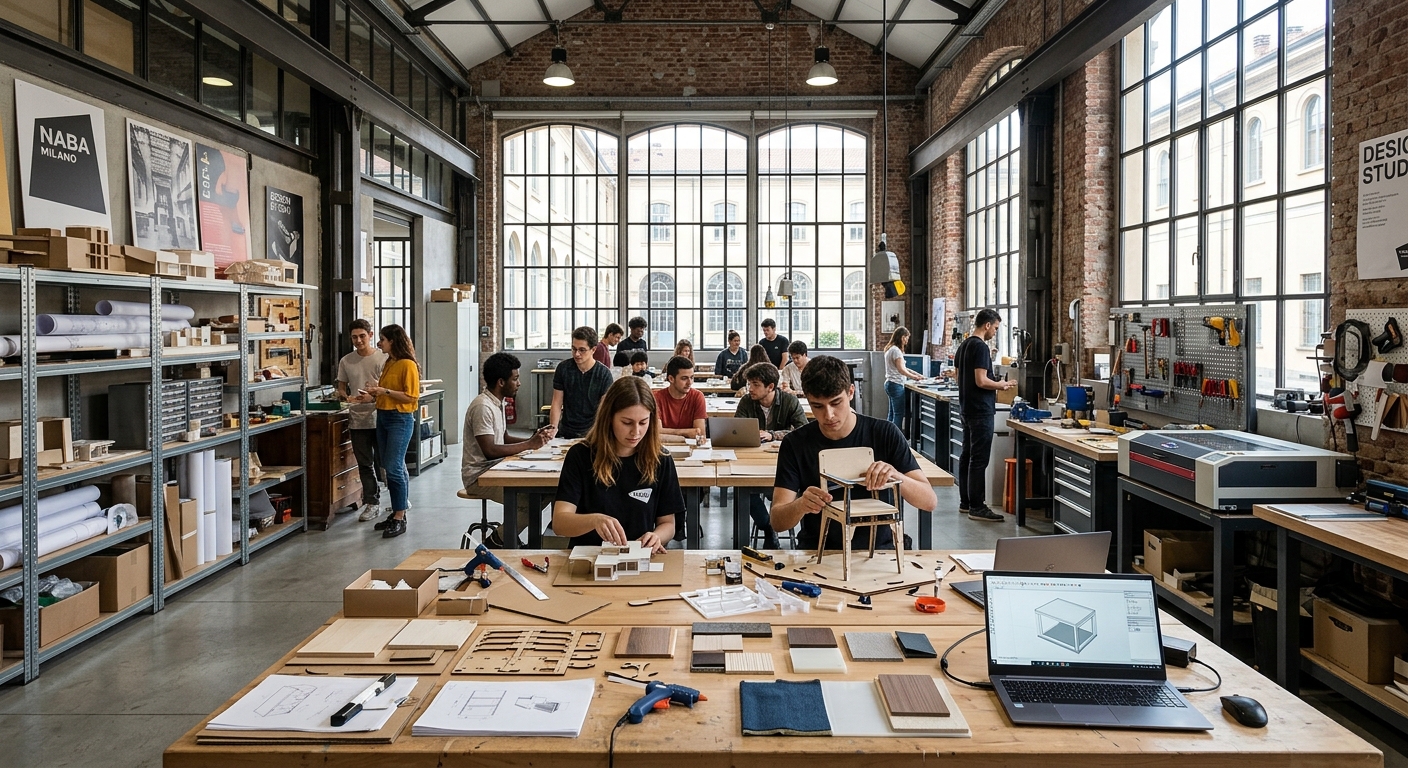 Modern design studio at NABA Milan campus, students working on product prototypes and interior design models, industrial-style architecture with exposed brick and large windows, creative tools and materials on workbenches, natural light flooding the workspace