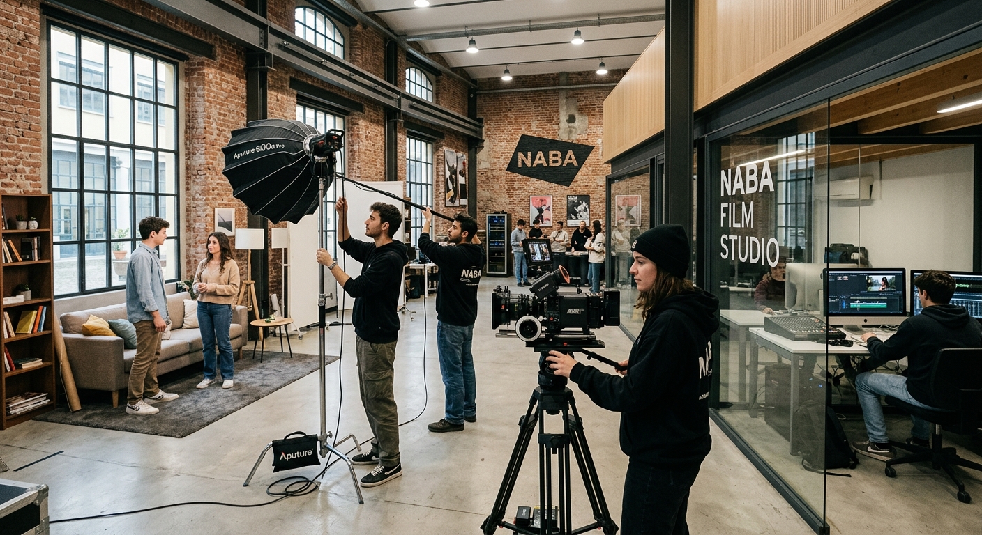 Modern film production studio at NABA Milan campus, students operating professional cameras and lighting equipment, editing suite visible in background, creative industrial architecture with exposed brick and contemporary design elements