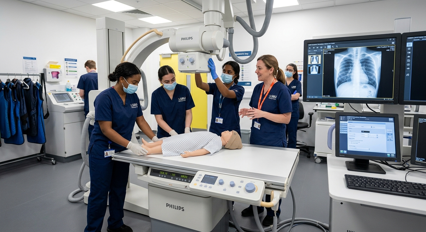 Modern radiography training facility at London South Bank University, students practicing paediatric diagnostic imaging techniques on simulation equipment, clinical setting with medical imaging screens and bright lighting