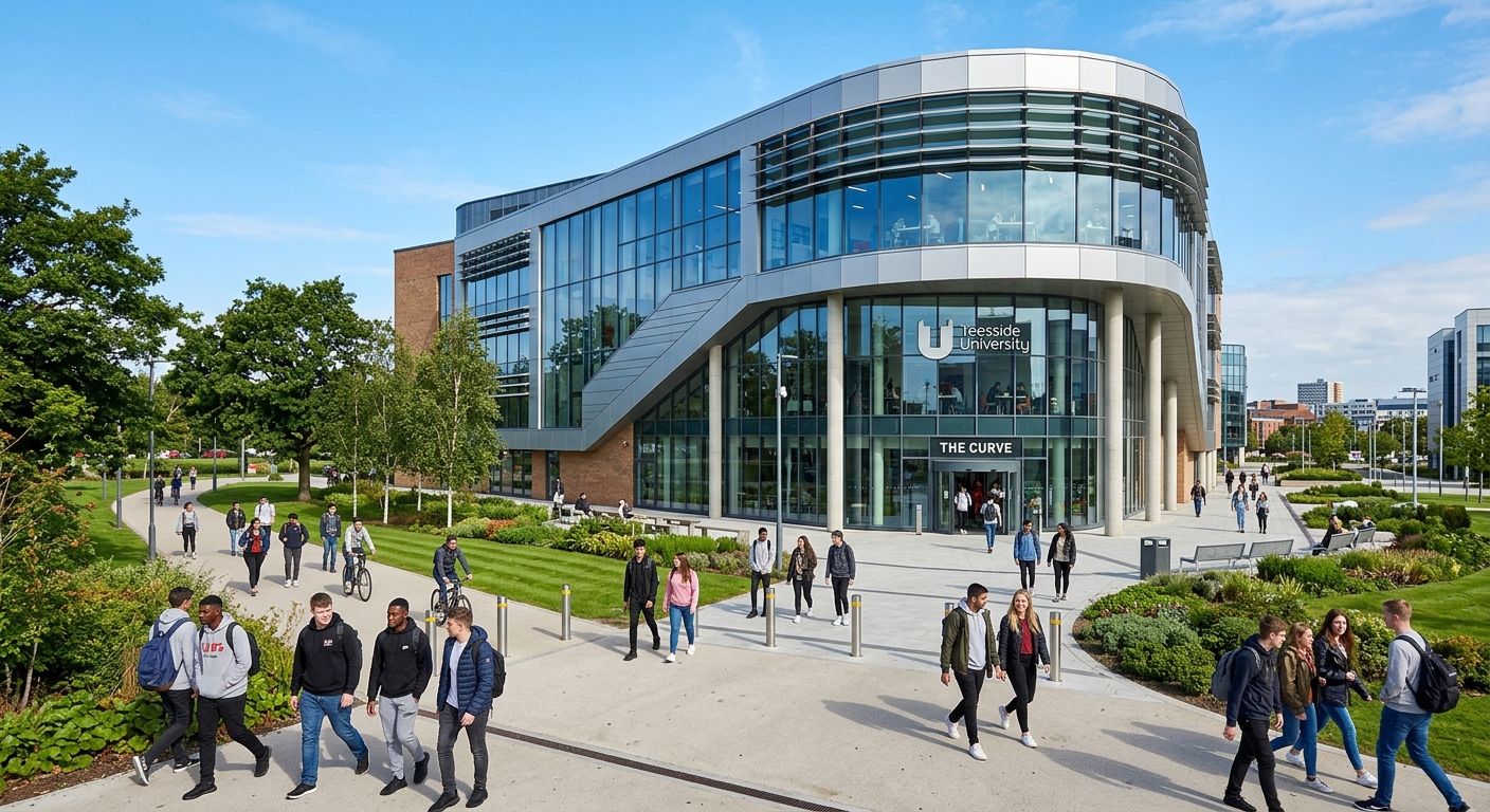 Modern Teesside University campus building in Middlesbrough with glass facade, students walking on pathways, green landscaping, and contemporary architecture under a clear sky
