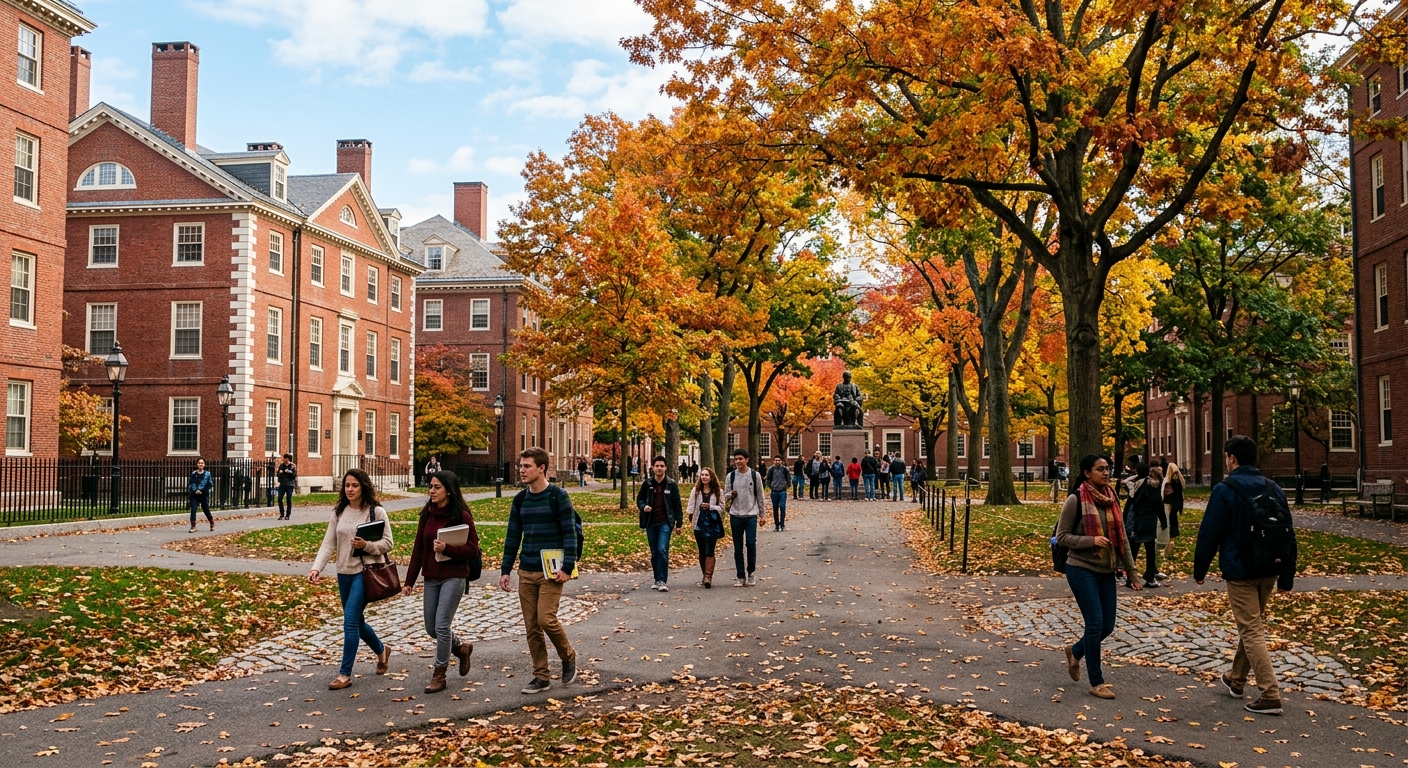 Harvard Yard in autumn, red brick colonial buildings with white trim, students walking on tree-lined paths with golden fall foliage, John Harvard statue visible in the distance