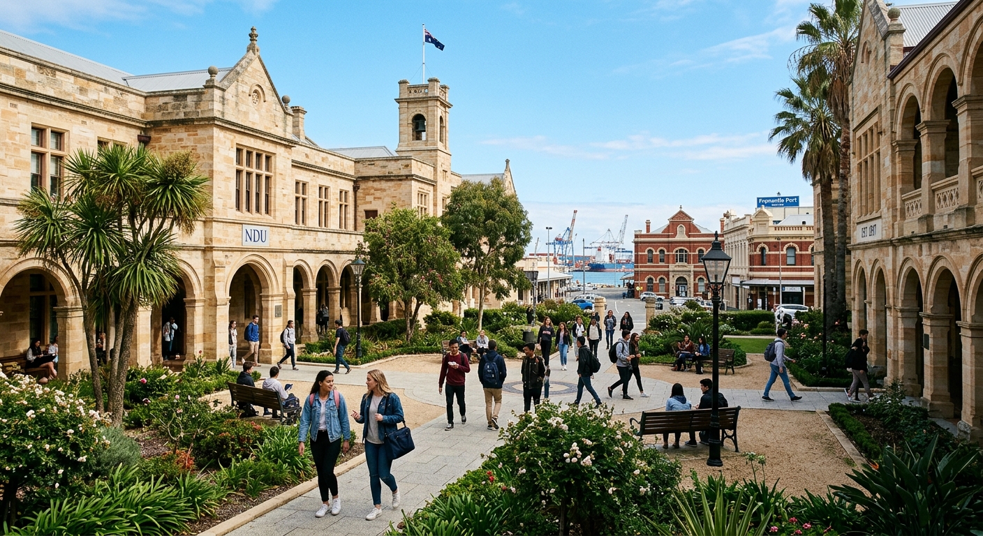 Historic sandstone university buildings in Fremantle, Western Australia, with students walking through a heritage courtyard, blue sky, palm trees, and a view of the port city streetscape