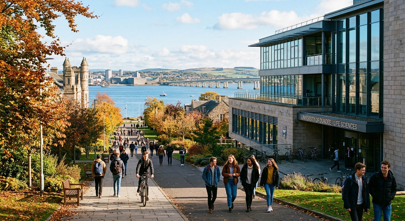 University of Dundee campus in Scotland with modern life sciences building, students walking along tree-lined pathways, view of the River Tay in the background, bright autumn day