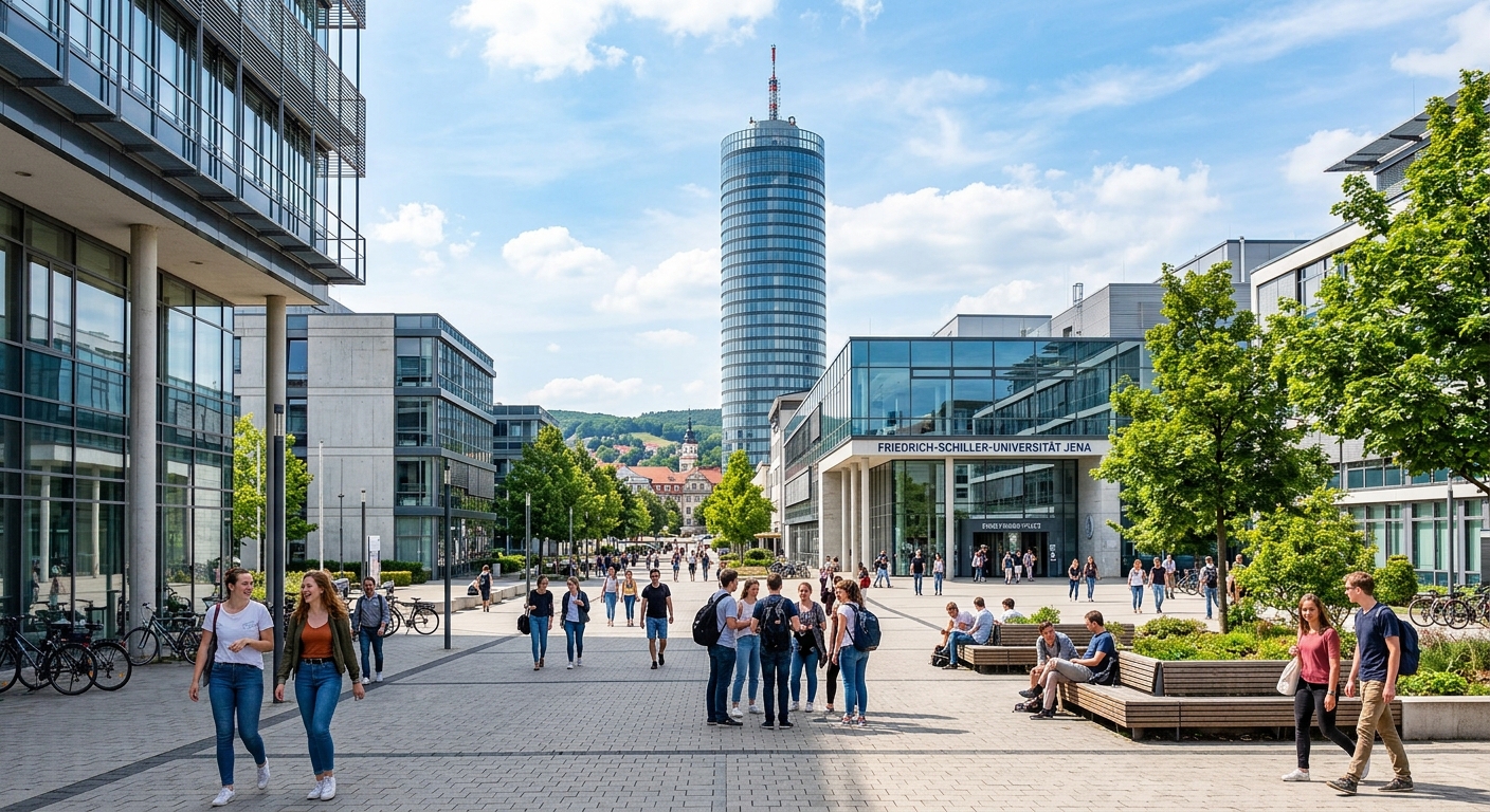 Modern Ernst-Abbe-Platz campus at Friedrich Schiller University Jena with contemporary glass and steel buildings, students walking across the square, JenTower visible in background