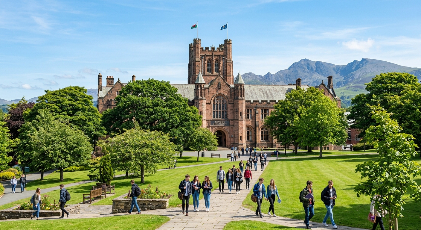 Bangor University campus with the historic Main Arts building surrounded by green trees, Snowdonia mountains visible in the background under a clear blue sky, students walking along pathways