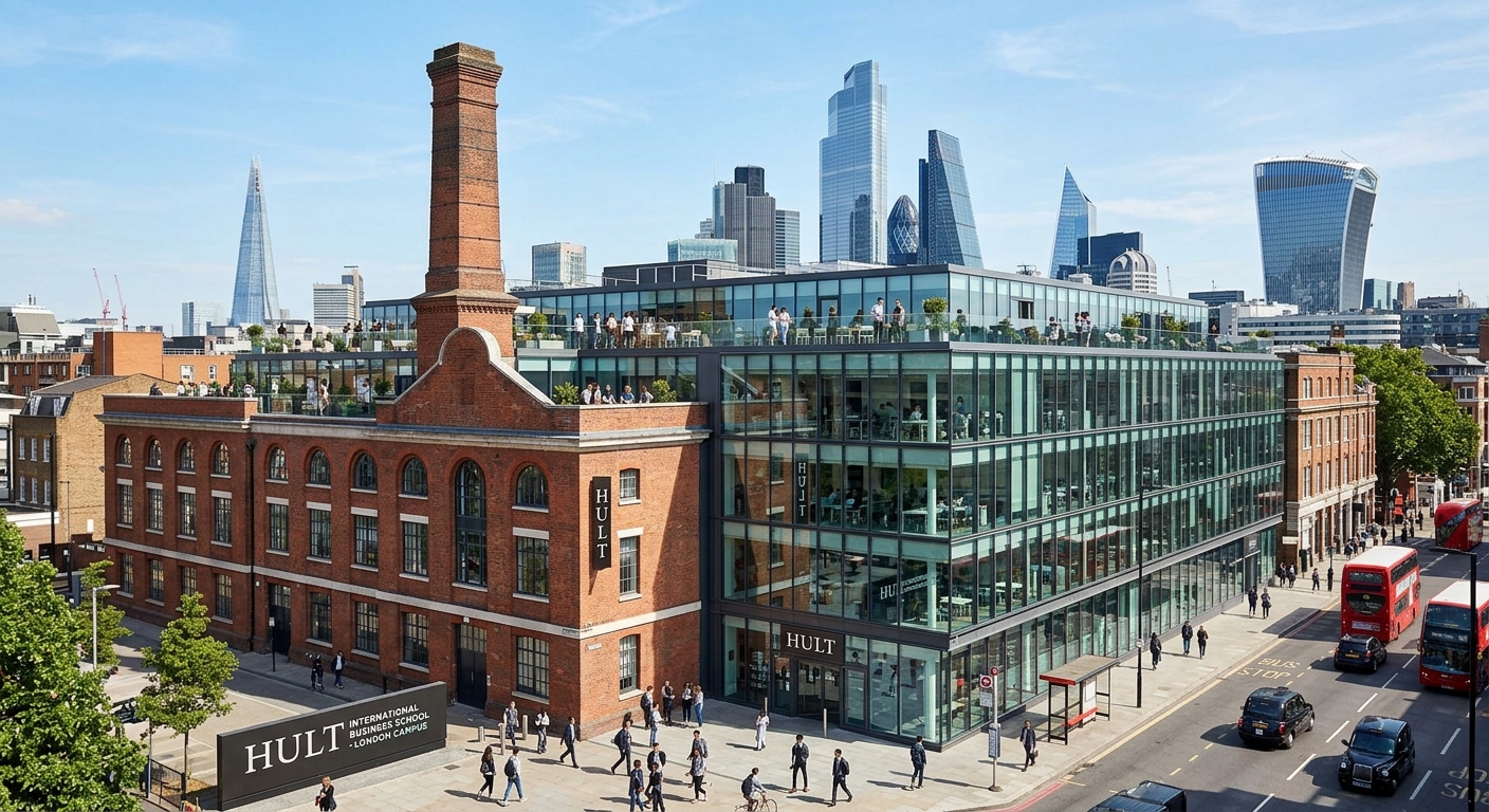 Hult International Business School London undergraduate campus, converted historic brewery building with modern glass extensions, rooftop terraces visible, urban East London setting near the City of London financial district, daytime with clear sky