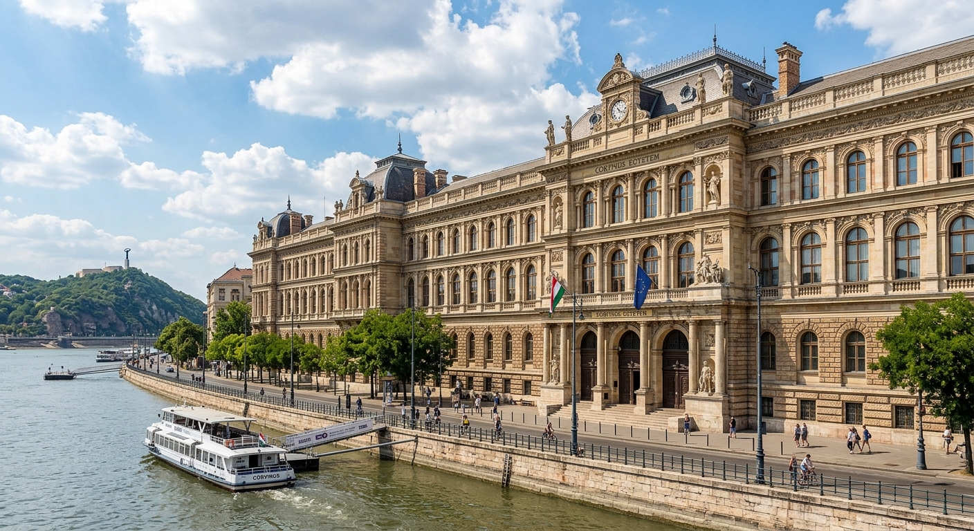 Corvinus University main building E, the former Great Customs House designed by Miklos Ybl, neo-renaissance facade along the Danube with ornate stonework and arched windows, blue sky