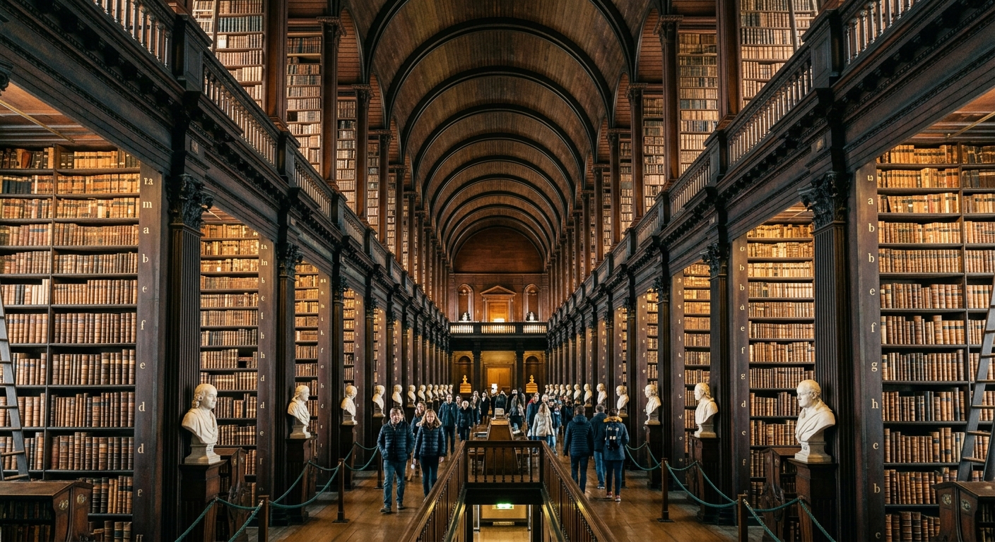 The Long Room of the Old Library at Trinity College Dublin, a stunning barrel-vaulted hall stretching 65 metres with dark wooden bookshelves lining both sides, marble busts on pedestals, and warm natural light filtering through arched windows