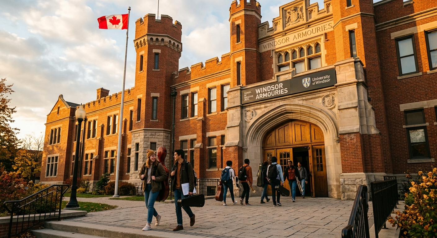 Historic Windsor Armouries building housing the School of Creative Arts at the University of Windsor, students carrying instrument cases walking through the entrance, warm golden hour lighting, Canadian flag visible
