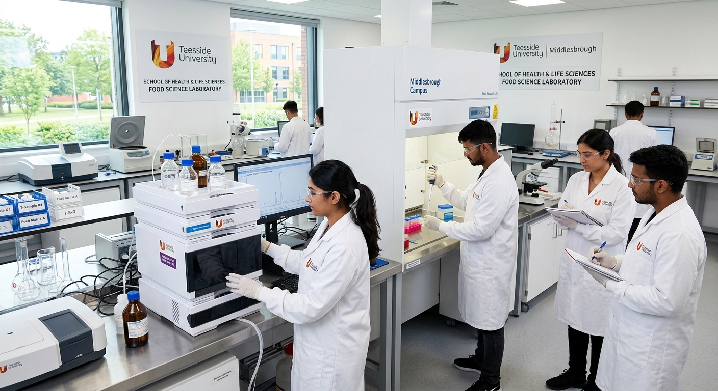 Modern food science laboratory at Teesside University campus in Middlesbrough, students in white lab coats analyzing food samples, advanced analytical equipment, bright clean environment with university branding