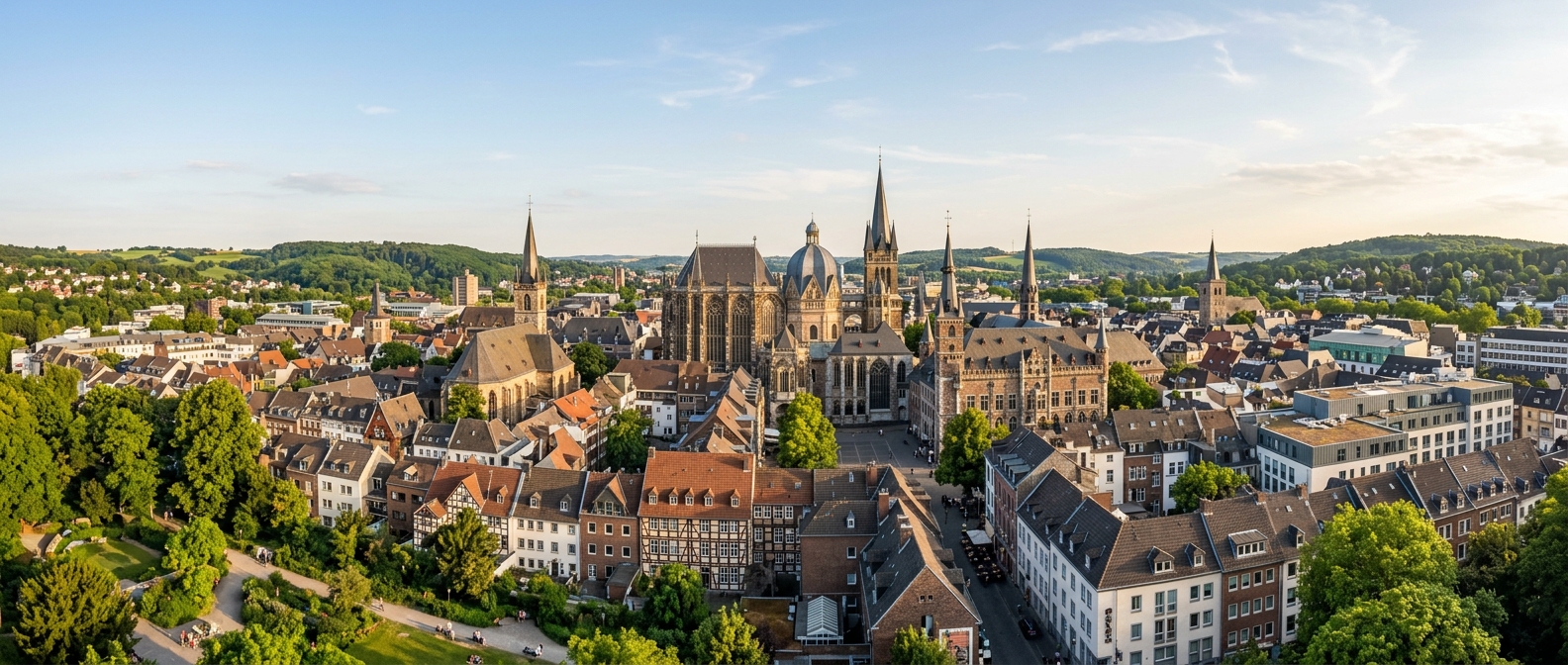 Panoramic view of Aachen city center, Aachen Cathedral (Dom) prominent in skyline, historic old town buildings, green hills in background, European border city atmosphere, warm daylight