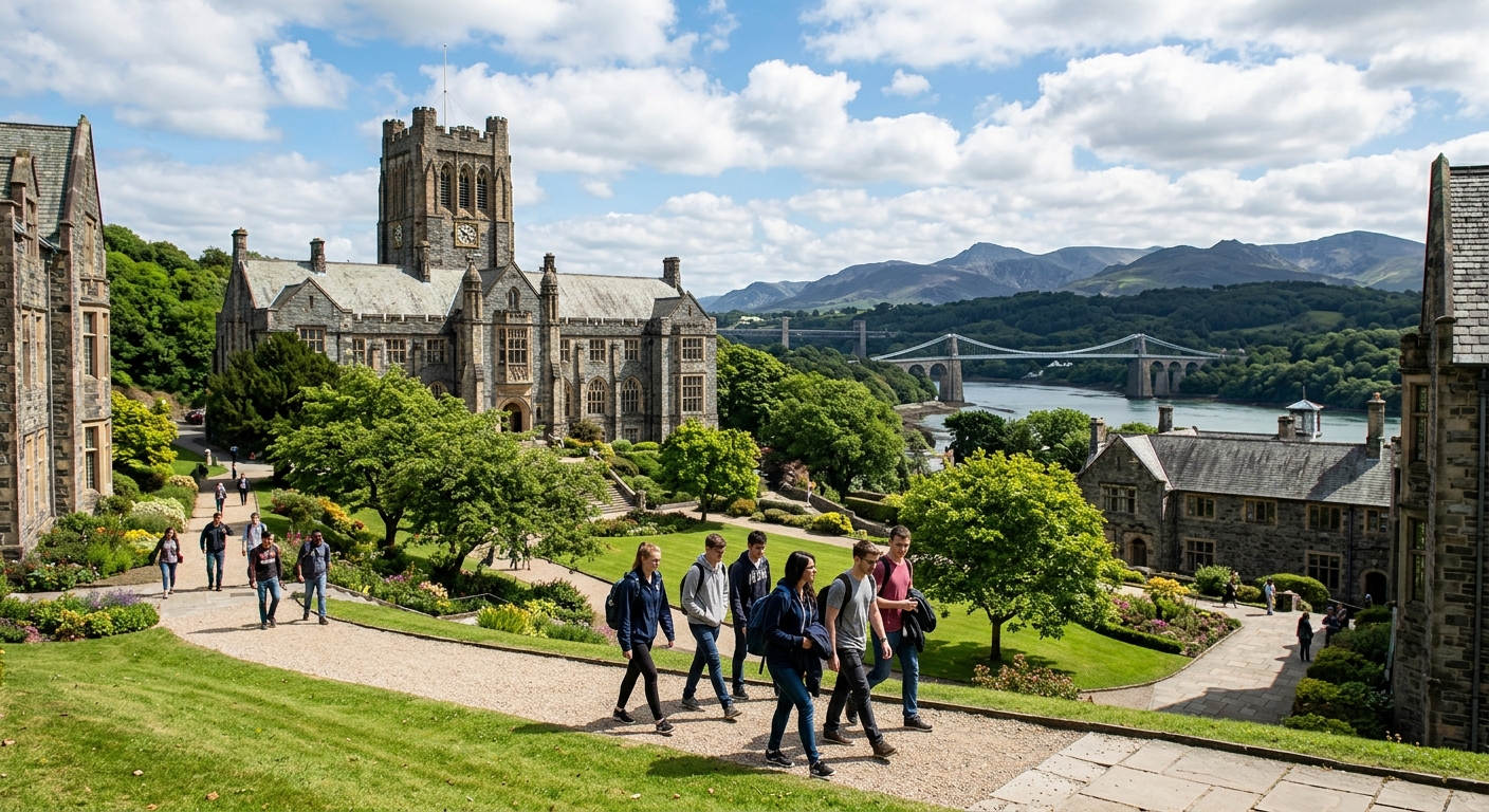 Bangor University campus with historic stone buildings nestled between Snowdonia mountains and Menai Strait, engineering students walking through green courtyard, bright Welsh sky