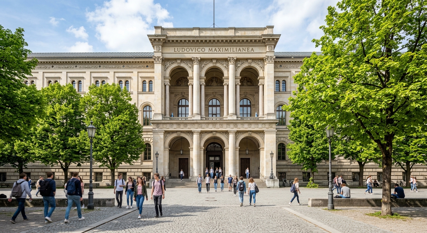 Historic LMU Munich main building facade with classical columns and arches, students walking across Geschwister-Scholl-Platz on a sunny day, green trees lining the square in Munich, Germany