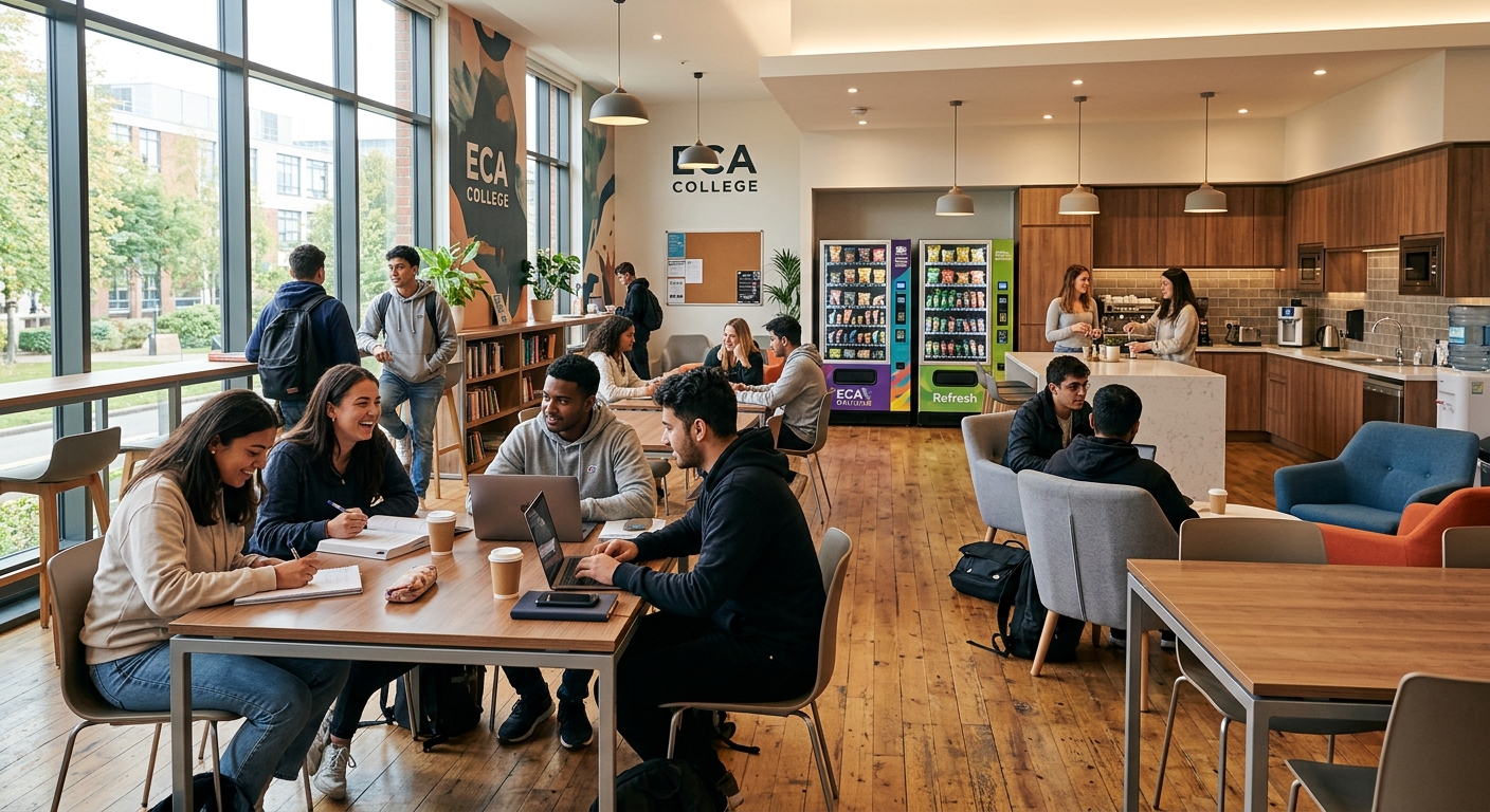 ECA College student common area with modern furniture, students socializing and studying, contemporary kitchen facilities, vending machines, warm inviting atmosphere