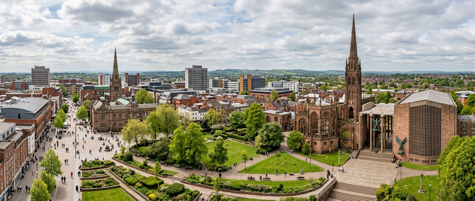 Coventry city skyline panoramic view, modern cathedral alongside historic ruins, pedestrianised city centre, green parks, West Midlands urban landscape under partly cloudy sky