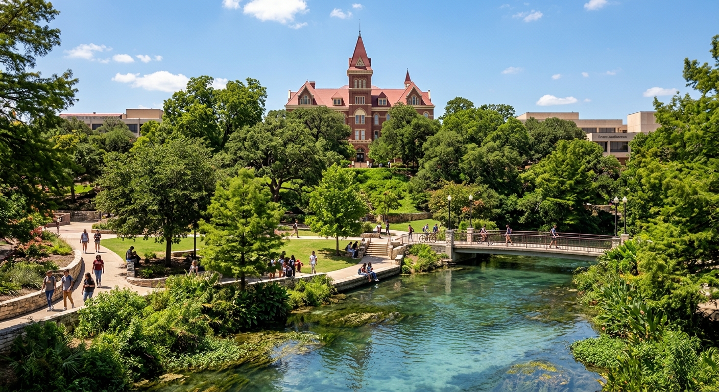 Texas State University campus in San Marcos with the historic Old Main building, lush green trees, and the San Marcos River flowing through campus on a sunny day