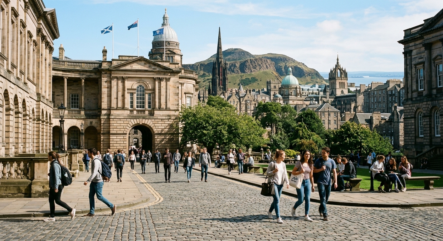 Historic University of Edinburgh campus buildings with Old College quadrangle, students walking along cobblestone paths, Edinburgh skyline with Arthur's Seat in the background, sunny day in Scotland