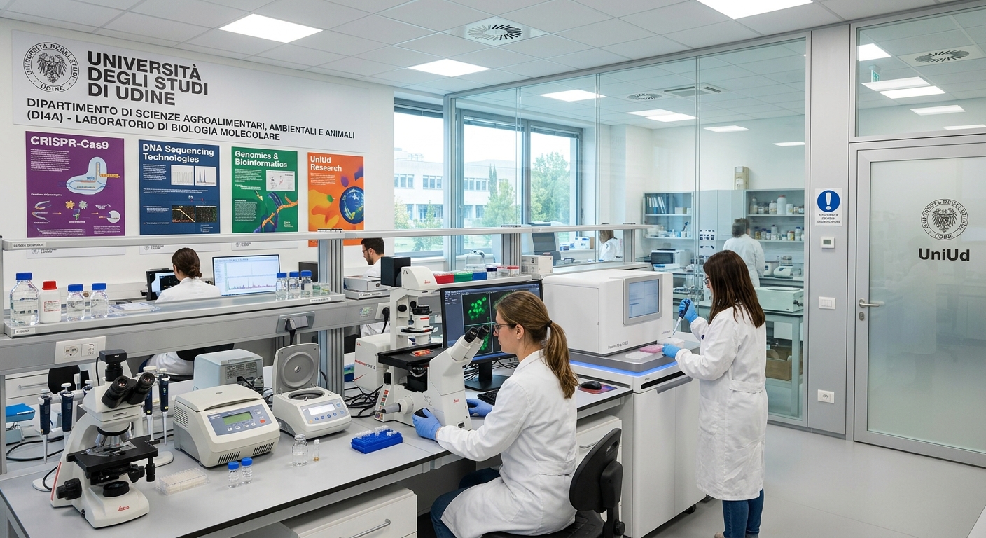 Modern molecular biology laboratory at the University of Udine with researchers using advanced microscopes and DNA sequencing equipment, bright clean lab environment with glass partitions and biotechnology posters on walls