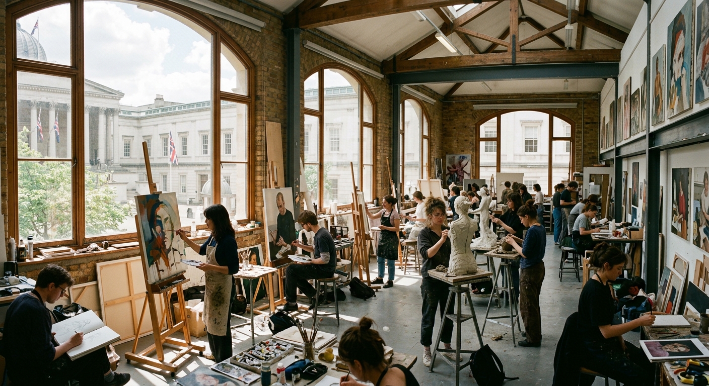 UCL Slade School of Fine Art building in Bloomsbury London, bright studio spaces with large windows, students working on paintings and sculptures, natural light flooding the creative workspace