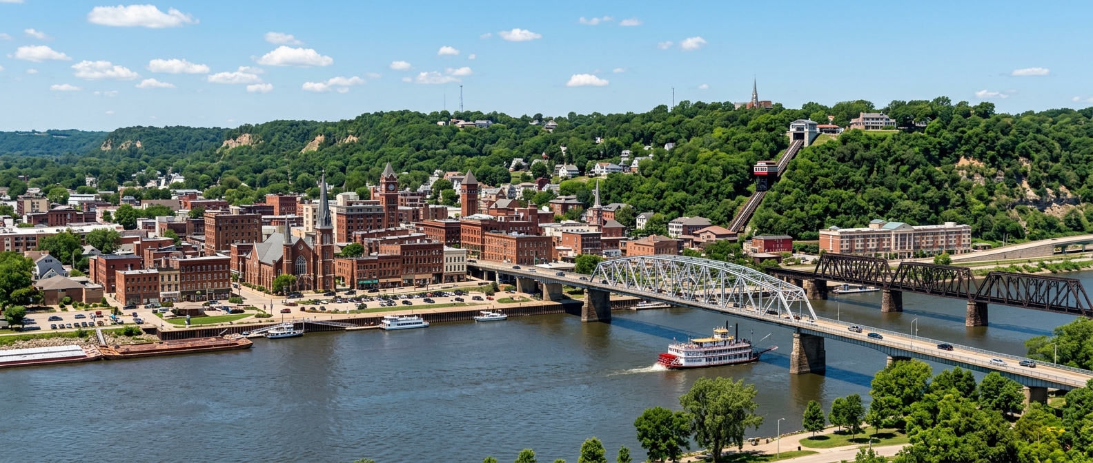 Panoramic view of Dubuque Iowa cityscape along the Mississippi River with historic buildings, river bluffs, bridges, and the Fenton Place Elevator visible on a sunny day