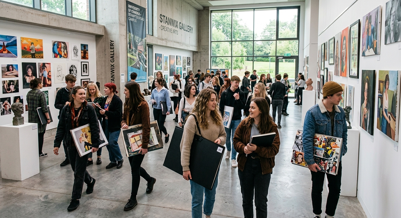 University of Cumbria Brampton Road campus Carlisle, creative arts building, gallery space, students with art portfolios, vibrant artistic atmosphere