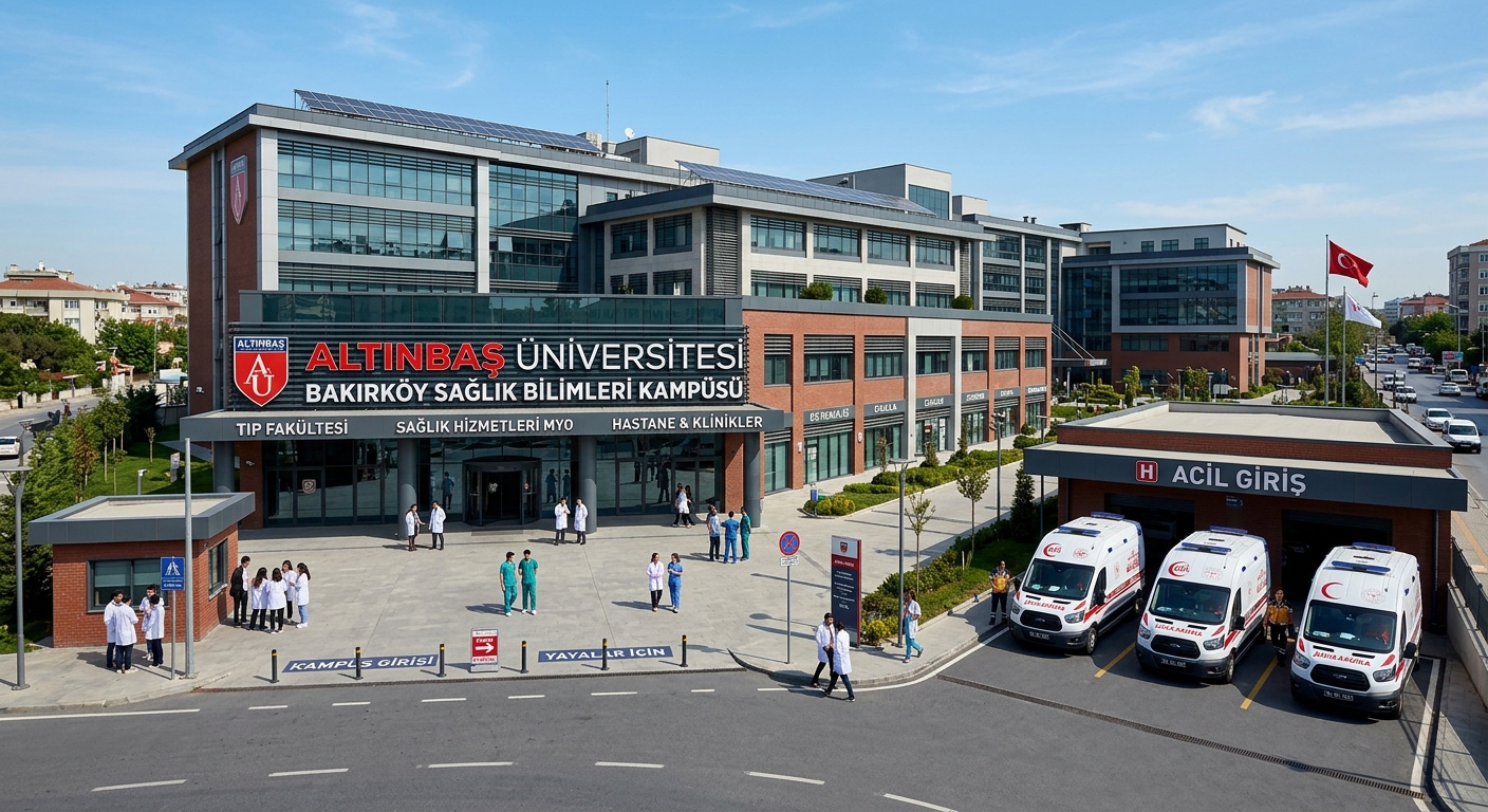 Altinbas University Bakirköy Health Sciences Campus, large medical building complex, clinical training facilities, ambulances parked outside, professional atmosphere