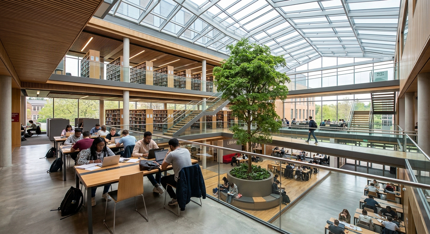 Lancaster University Library interior, modern open-plan study spaces with natural light, students studying at desks, bookshelves and a living tree in the atrium